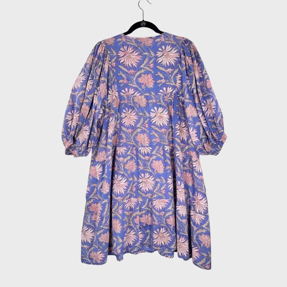 Karni Womens Dress Purple Mini Floral V Neck Puffed A Line Babydoll Boho Large - Picture 2 of 12